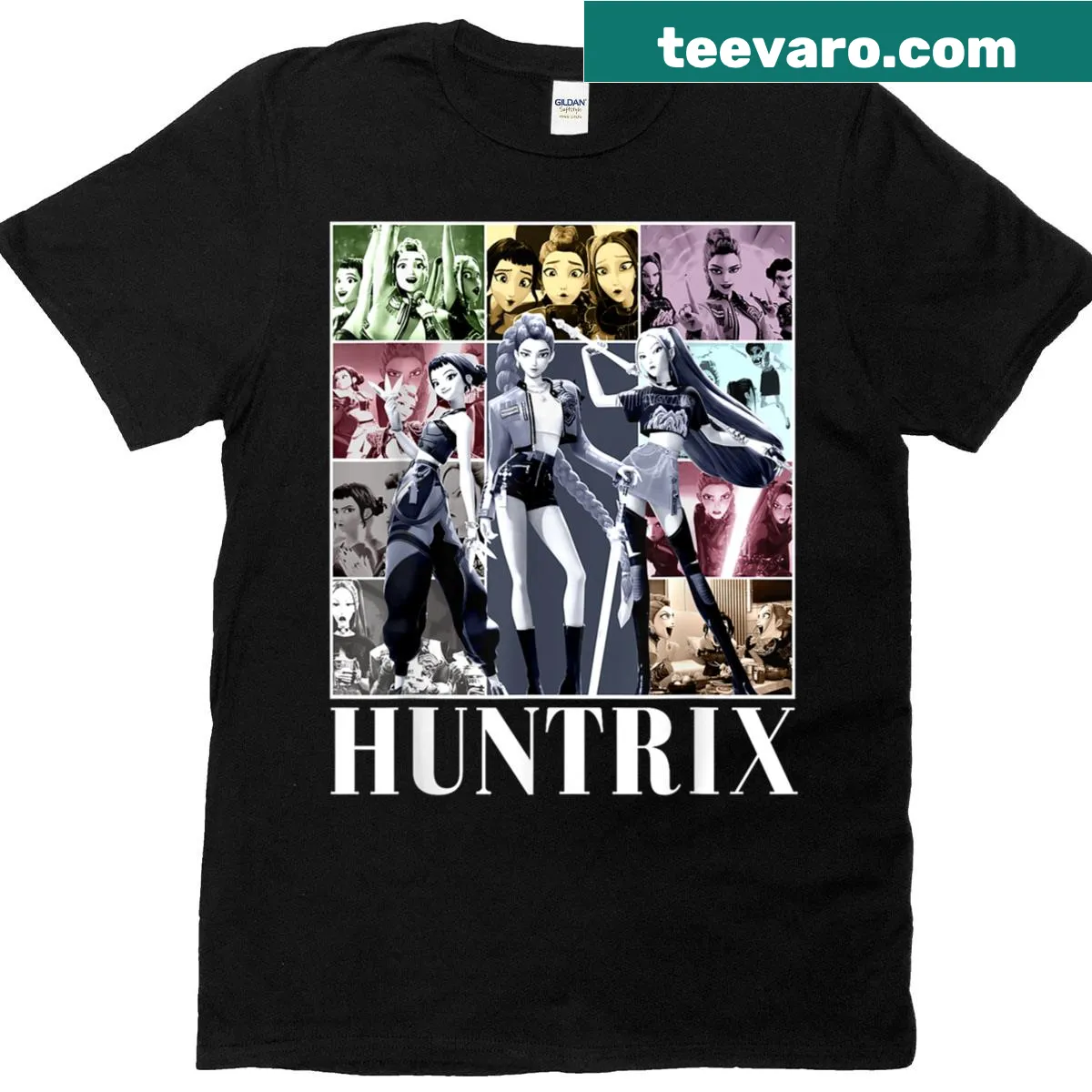 Artistic graphic T-shirt representing various music eras — on a men's t-shirt
