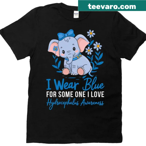 Cute elephant graphic with a blue ribbon for hydrocephalus awareness