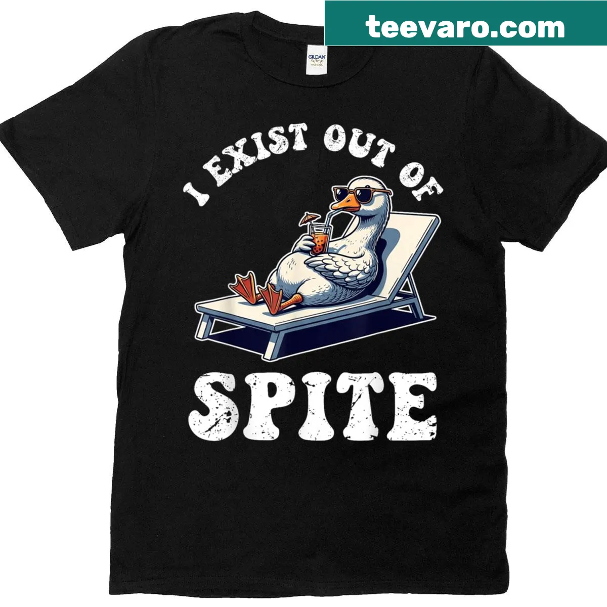 Funny T-shirt with goose graphic and text 'I Exist Out Of Spite' — on a men's t-shirt