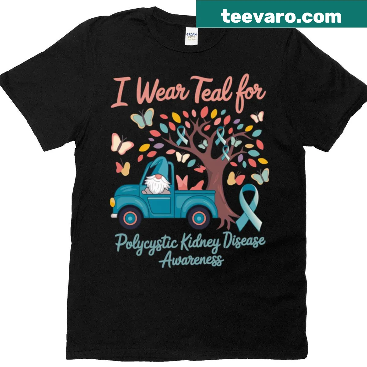 Teal awareness t-shirt featuring gnomes for PKD awareness — on a men's t-shirt