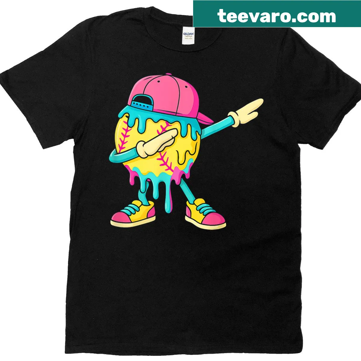 T-shirt featuring a playful ice cream drip illustration for baseball lovers — on a men's t-shirt