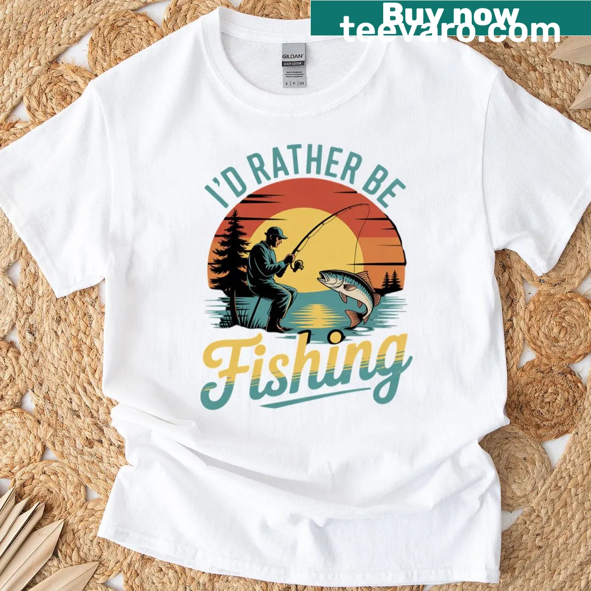 Illustration of Bigfoot fishing on a T-shirt — on a men's t-shirt