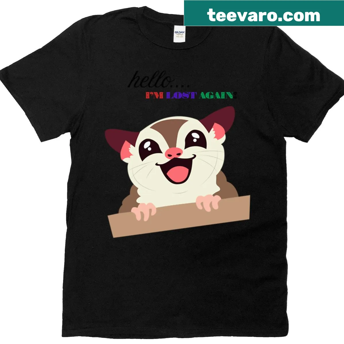Kawaii t-shirt featuring a sugar glider and the quote 'I'm Lost Again' — on a men's t-shirt