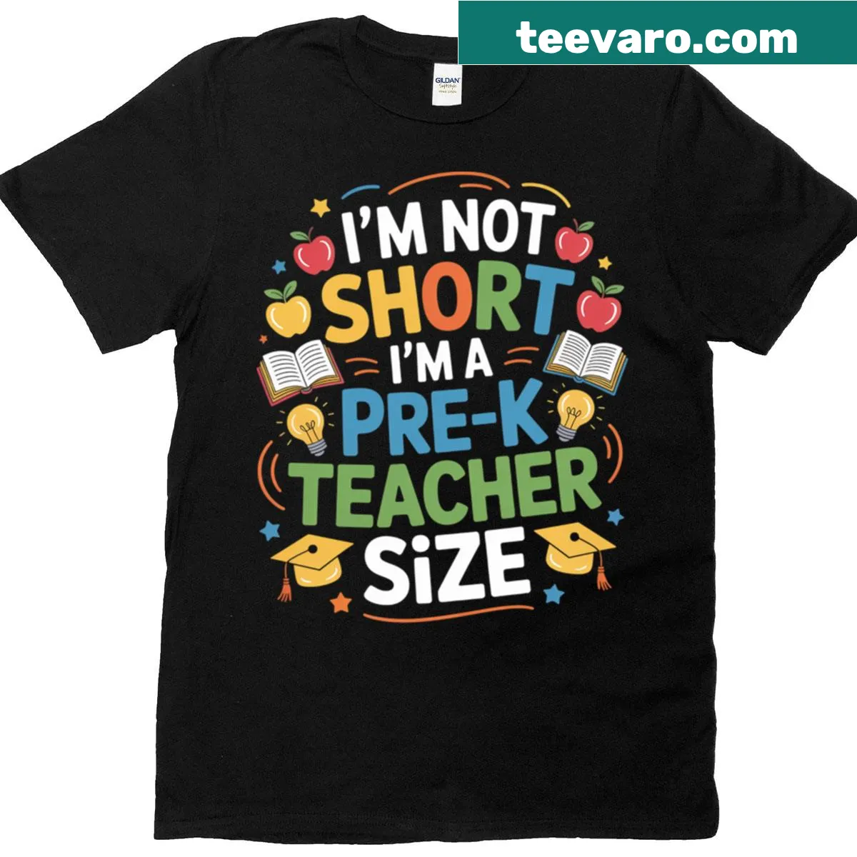 Funny Pre-k teacher t-shirt with humorous height slogan — on a men's t-shirt