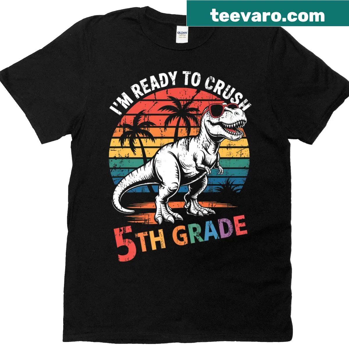 Dinosaur graphic shirt with 'Im Ready To Crush 5th Grade' text — on a men's t-shirt
