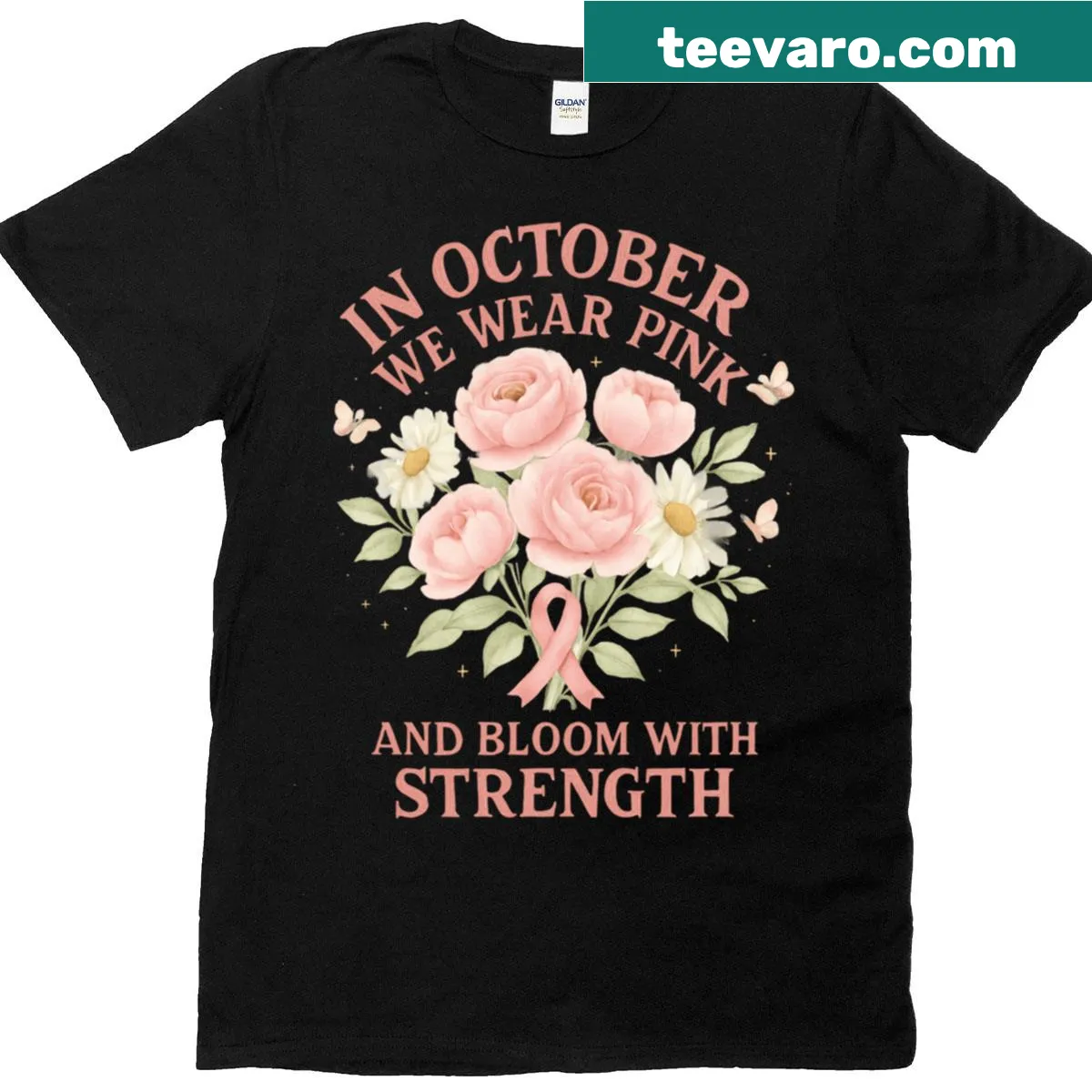 Breast Cancer Awareness T-shirt with pink typography and floral design — on a men's t-shirt