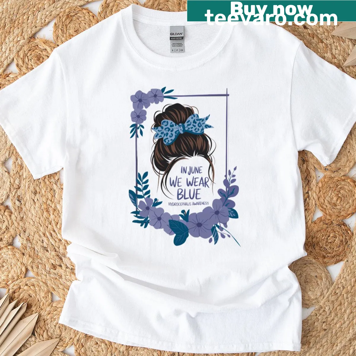 Awareness t-shirt with the phrase 'In September We Wear Blue' and a messy bun graphic. — on a men's t-shirt