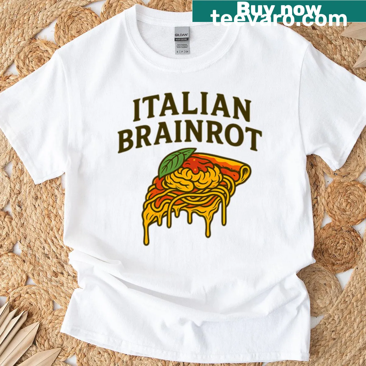 Oversized T-shirt with pizza and pasta illustrations celebrating Italian cuisine — on a men's t-shirt