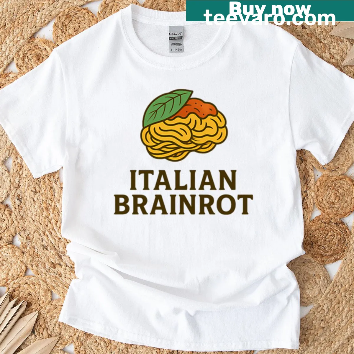 Funny T-shirt featuring spaghetti brain meme design — on a men's t-shirt