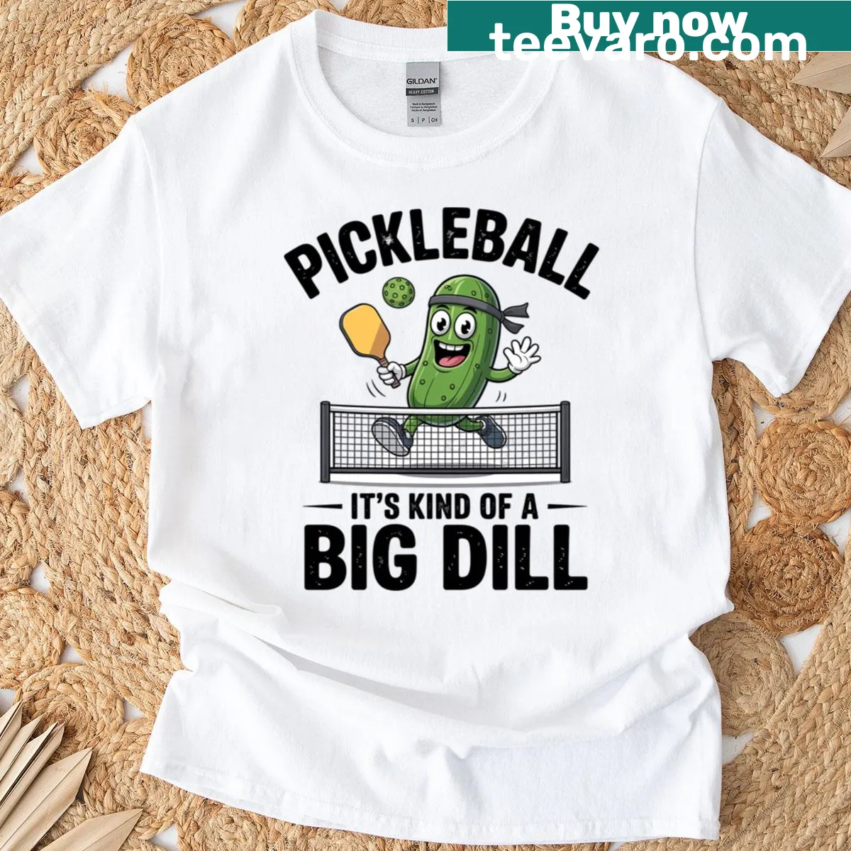 Pickleball T-shirt featuring a humorous pickle graphic and text. — on a men's t-shirt