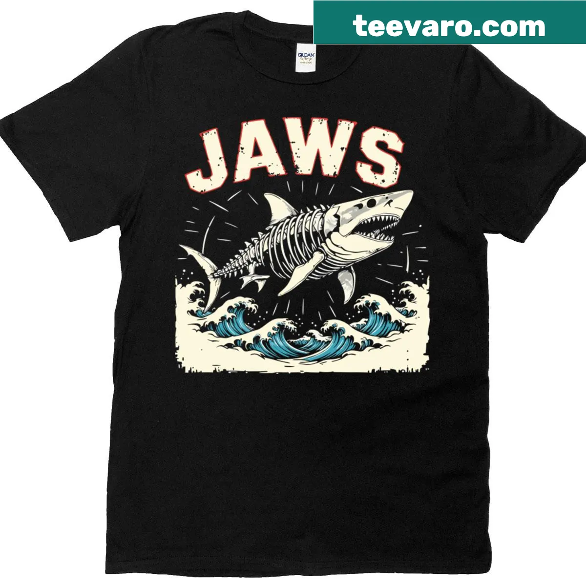 Retro shark graphic t-shirt inspired by classic film — on a men's t-shirt