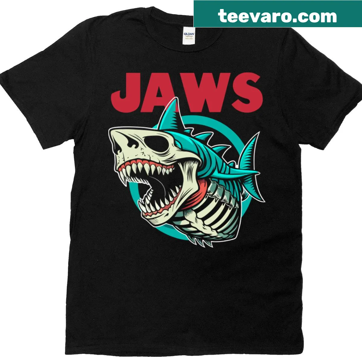 Cartoon shark design inspired by Jaws movie — on a men's t-shirt