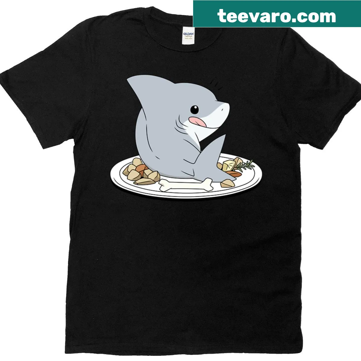 Dinner-themed t-shirt featuring Jeff the Land Shark illustration — on a men's t-shirt