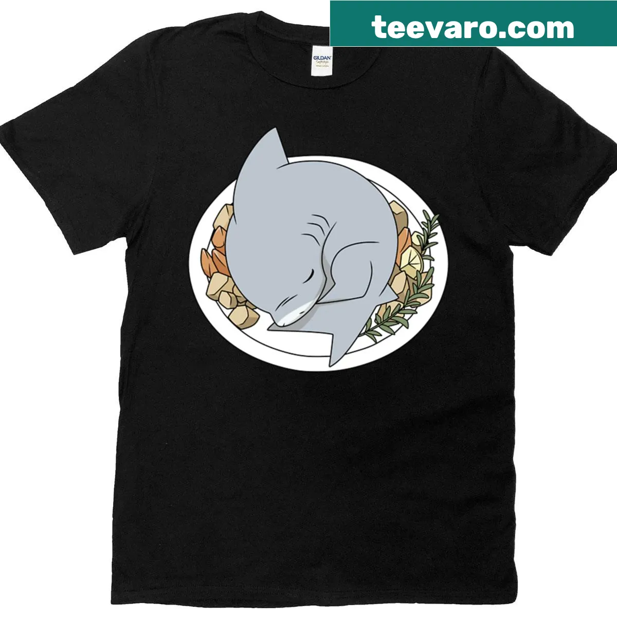 Sleepy dinner-themed oversized t-shirt with Jeff the Land Shark illustration — on a men's t-shirt