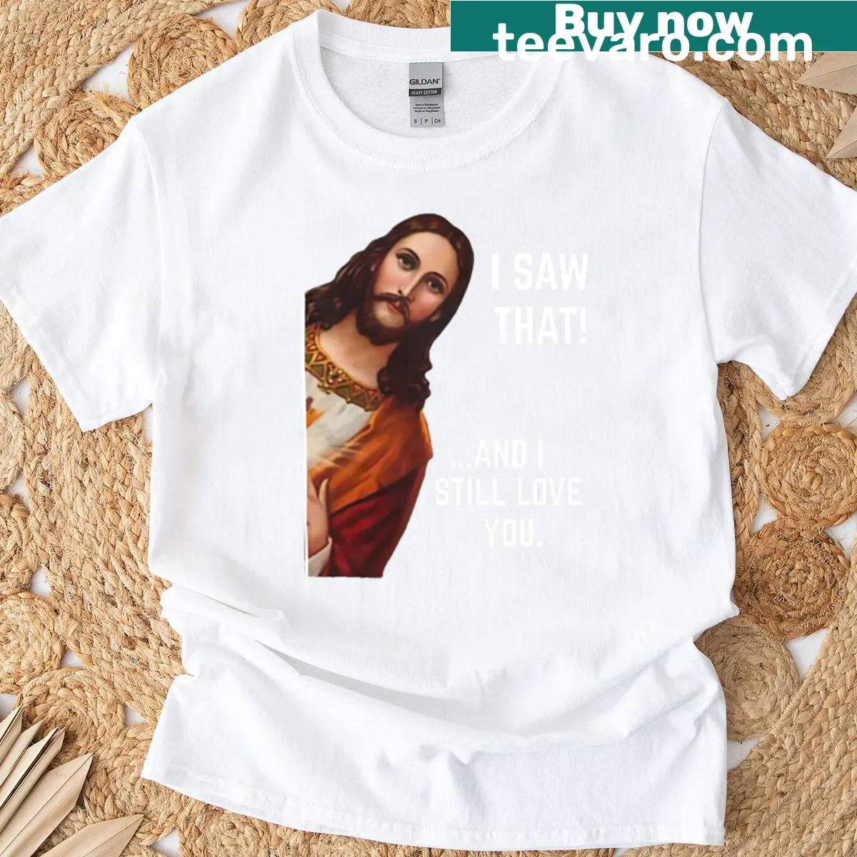 Funny cartoon graphic of Jesus peeking with text on a T-shirt — on a men's t-shirt