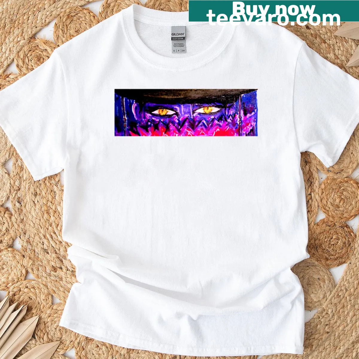 Illustrated t-shirt featuring Jinu and his friends as demon hunters. — on a men's t-shirt