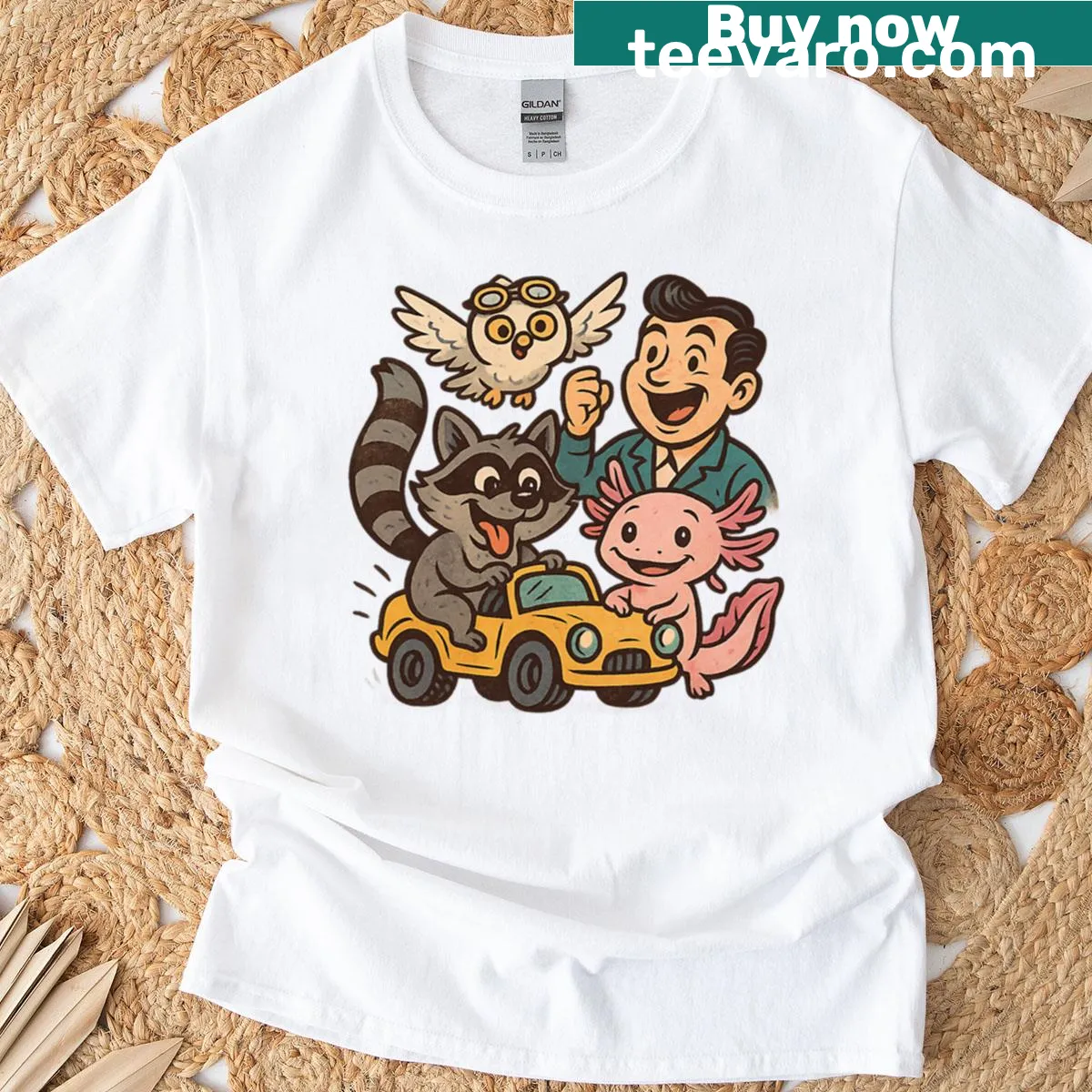 Playful T-shirt with a whimsical illustration of friends on a joyride — on a men's t-shirt