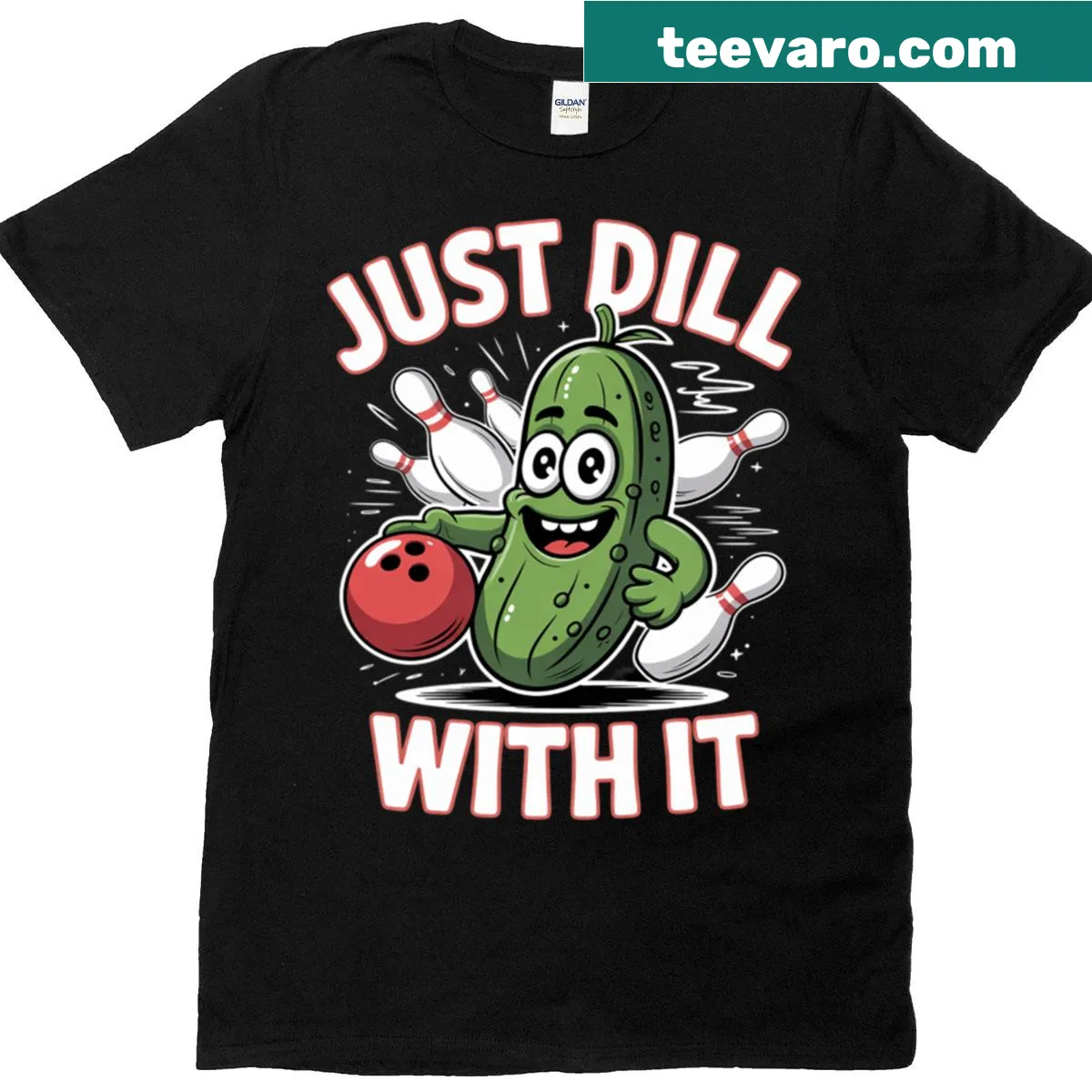 Pickle bowling humor t-shirt with a fun graphic — on a men's t-shirt