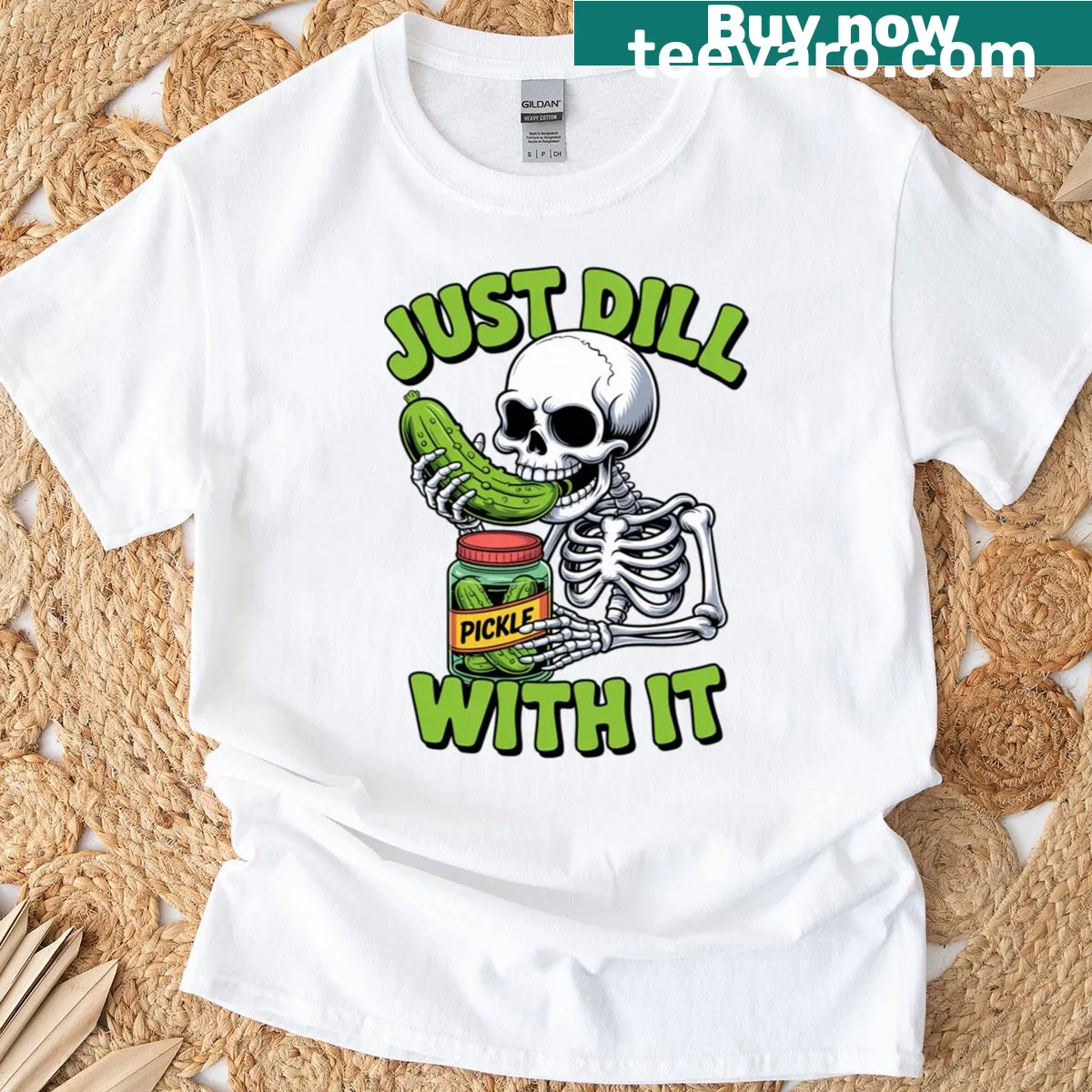 Sarcastic skeleton pickle graphic t-shirt — on a men's t-shirt