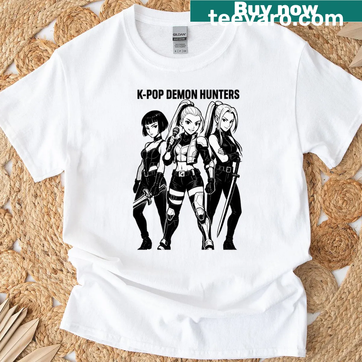 K-pop Demon Hunters graphic t-shirt featuring manga warrior idols — on a men's t-shirt