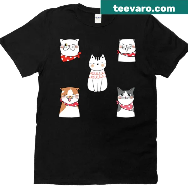 Collection of cute cartoon cats with bandanas on a kids' t-shirt