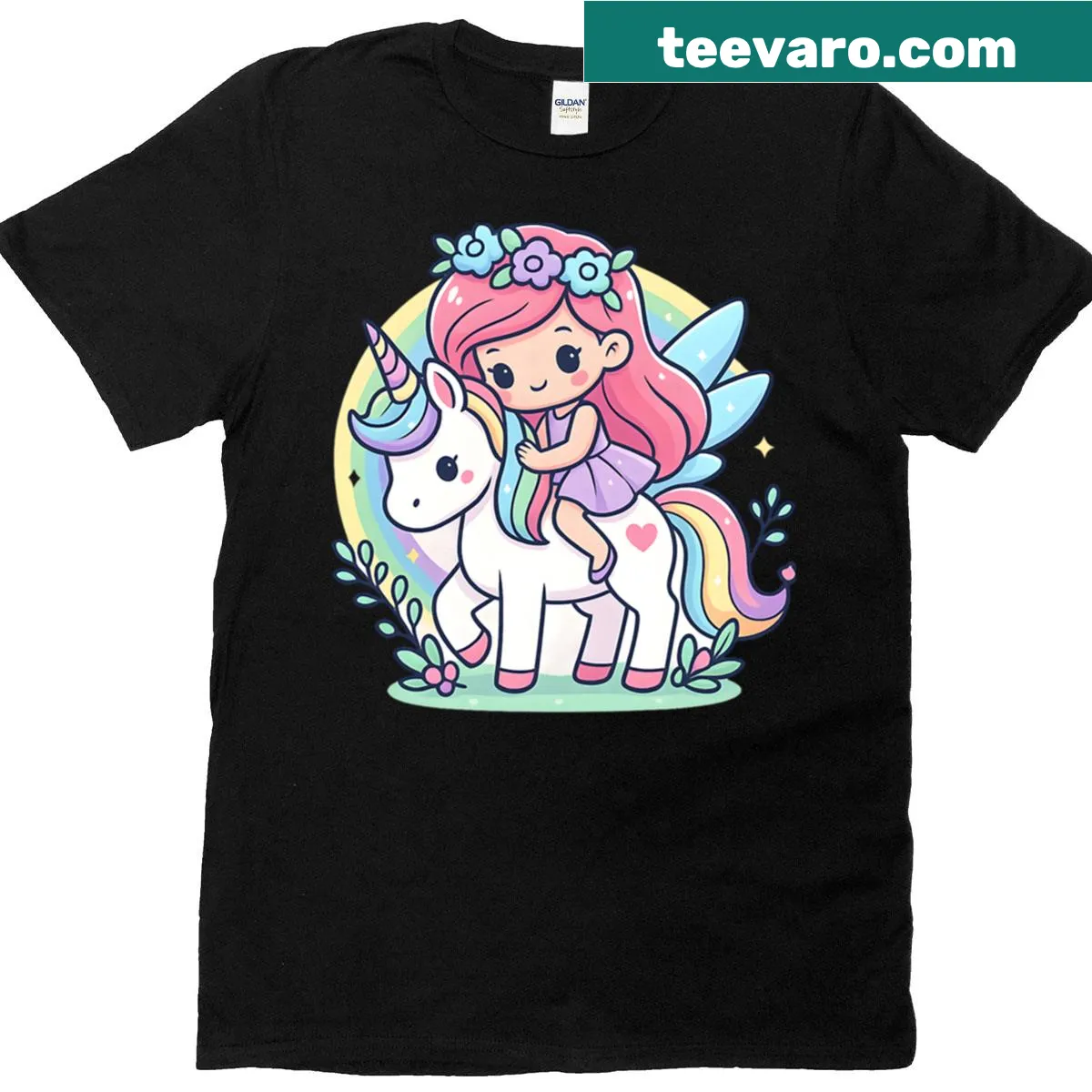 Kawaii fairy girl on rainbow unicorn graphic in a magical art style. — on a men's t-shirt
