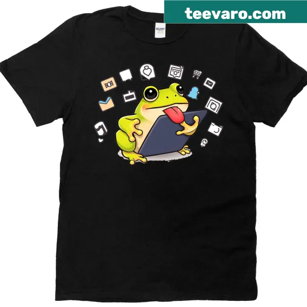 Kawaii frog on a tablet graphic with digital icons in a playful style.