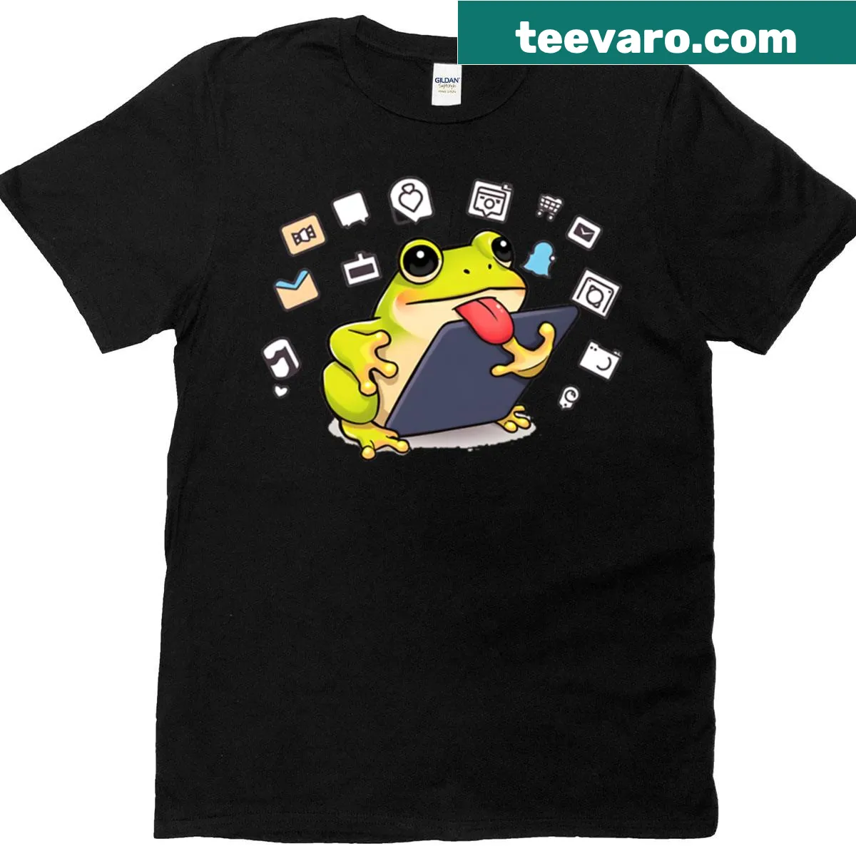 Kawaii frog on a tablet graphic with digital icons in a playful style. — on a men's t-shirt