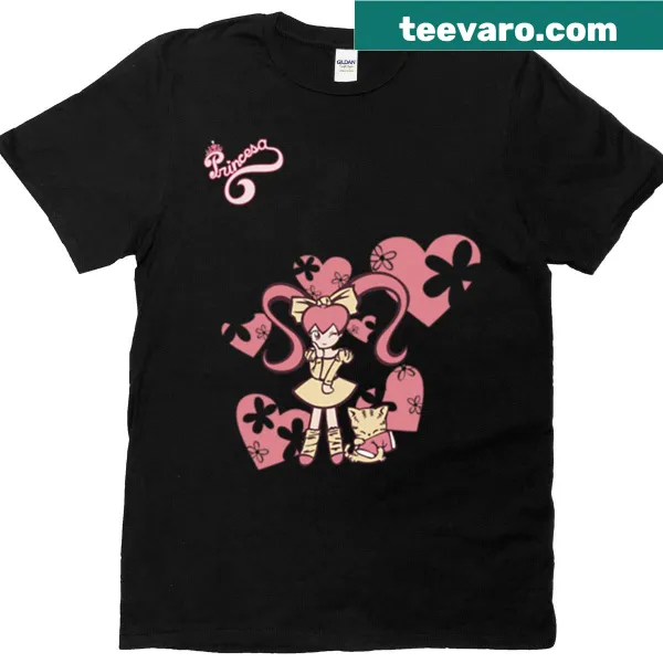 Oversized T-shirt with kawaii cat and pink heart graphic