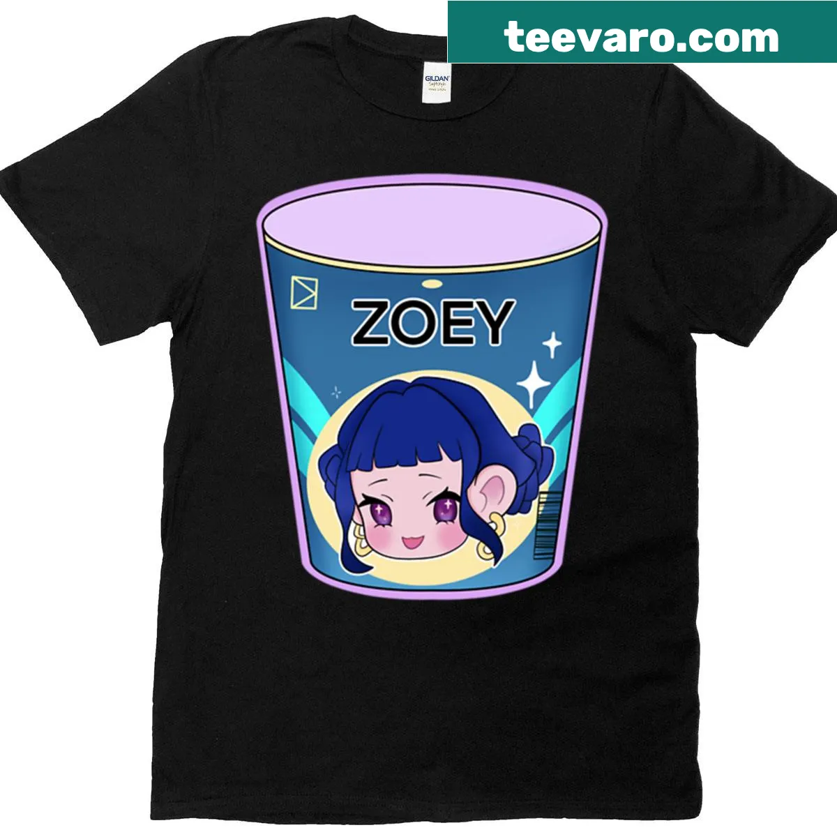 Cute T-shirt featuring a kawaii ramen cup named Zoey. — on a men's t-shirt
