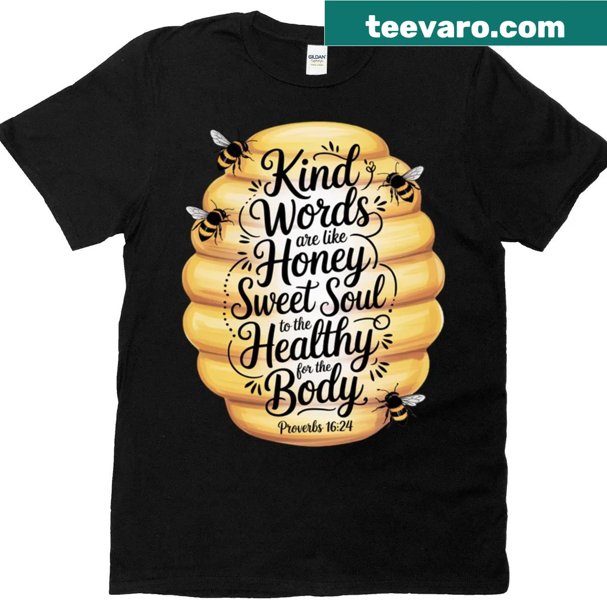 Inspirational t-shirt with a bee and the words 'Kind Words Are Like Honey' — on a men's t-shirt