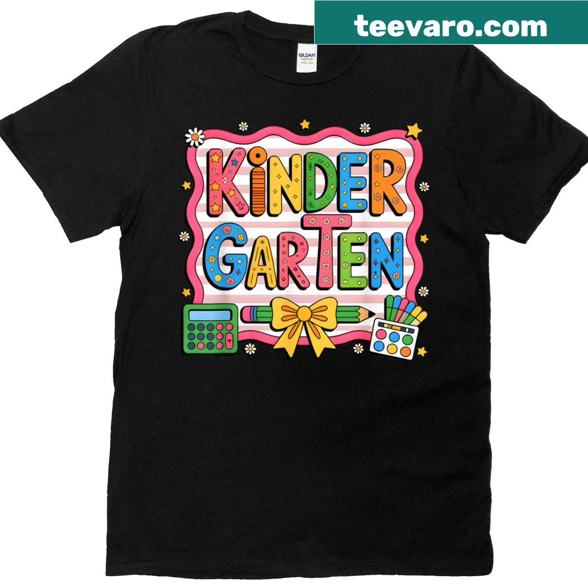 Illustrated t-shirt for teachers with a pencil and bow design — on a men's t-shirt