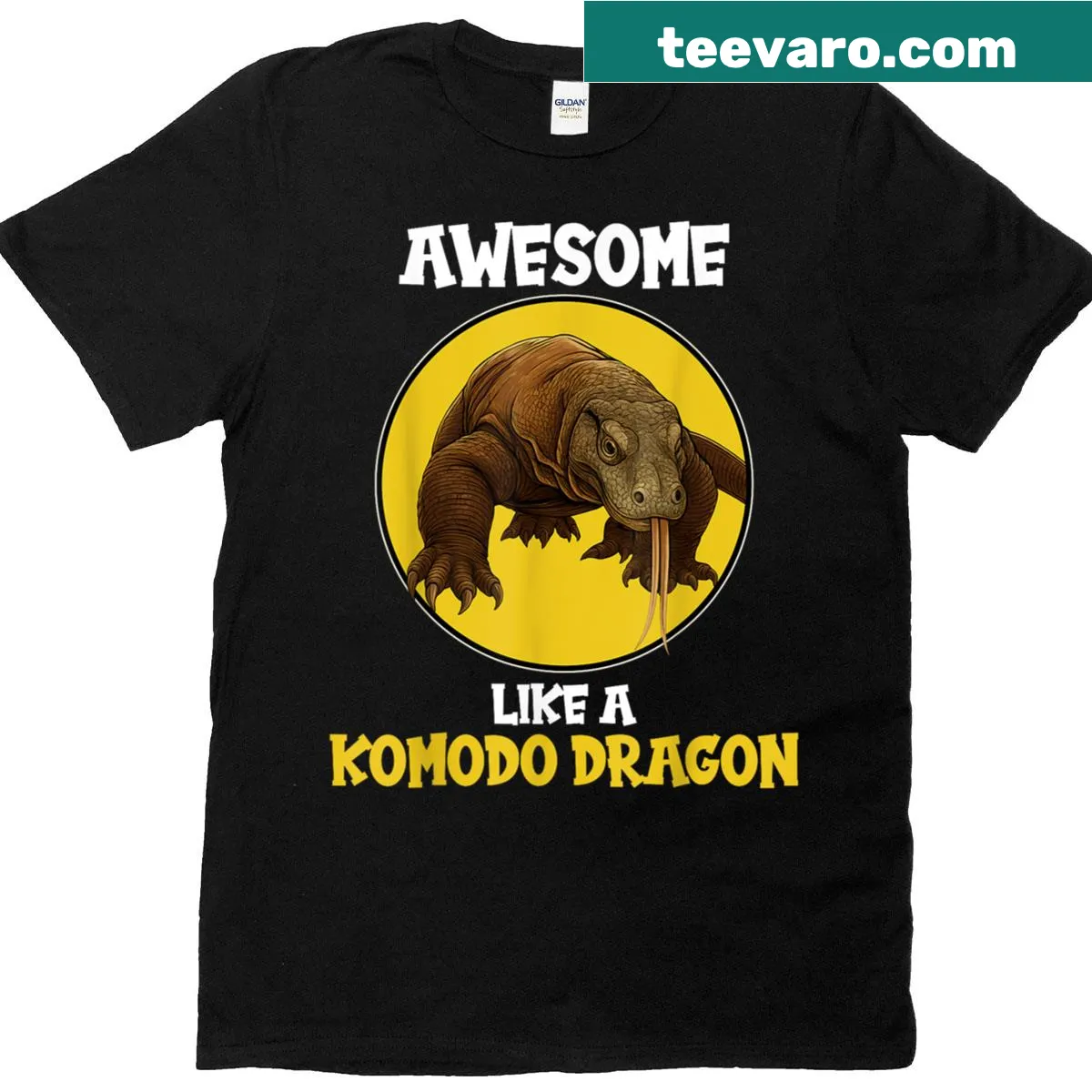 Illustrated T-shirt featuring a Komodo dragon design. — on a men's t-shirt