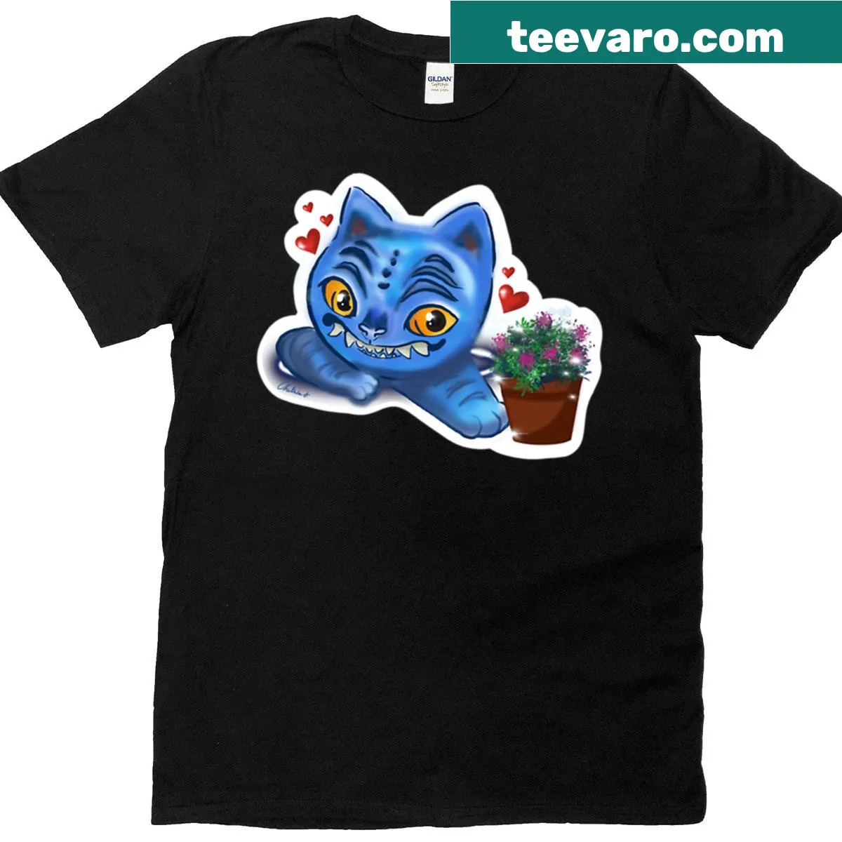 Whimsical T-shirt with a K-pop demon hunter tiger cat design. — on a men's t-shirt