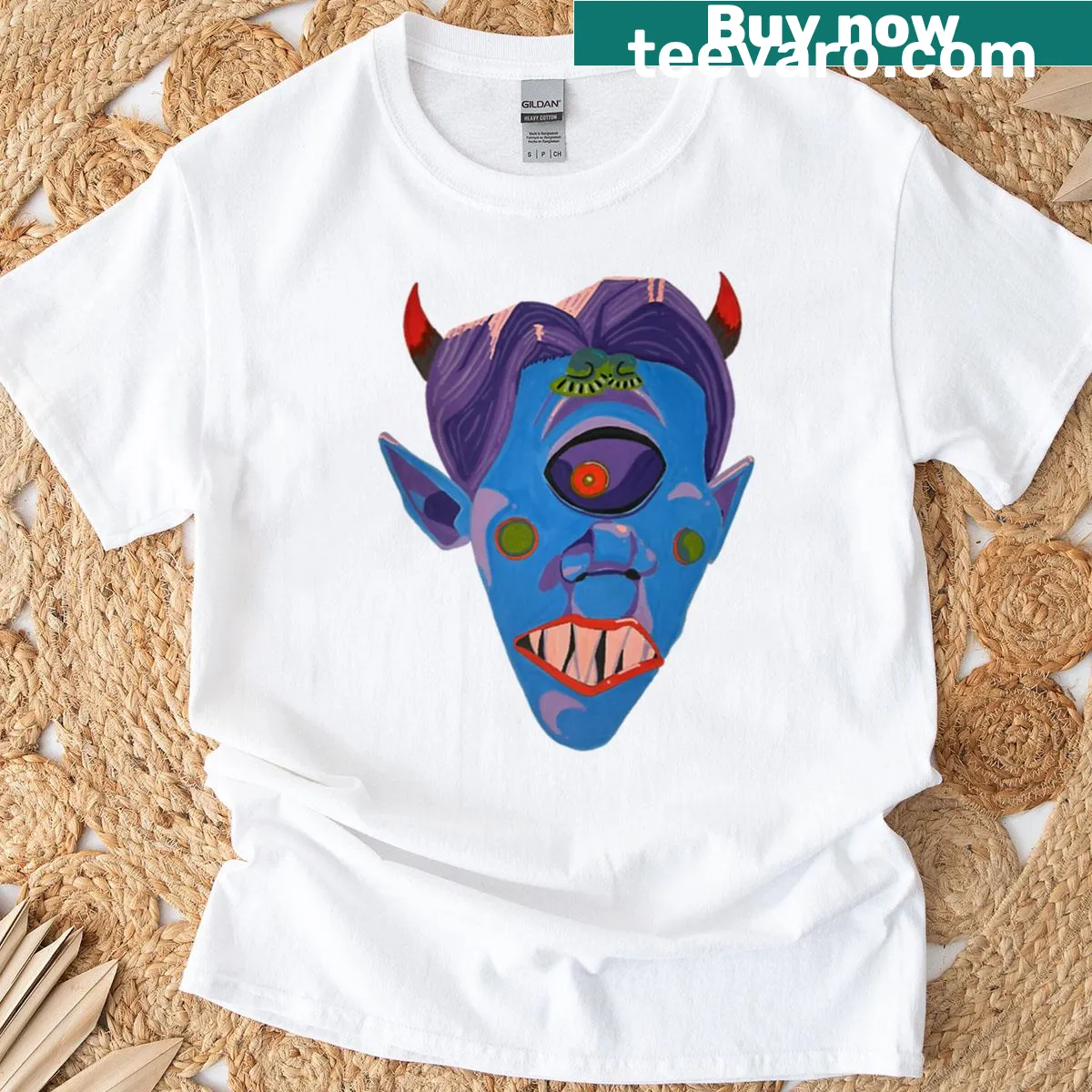 T-shirt featuring a demon flying in a blue airplane — on a men's t-shirt
