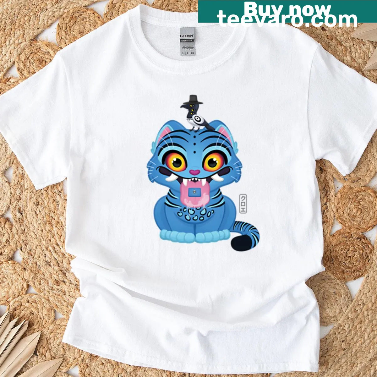 Derpy tiger and bird graphic on a Kpop Demon Hunters t-shirt — on a men's t-shirt