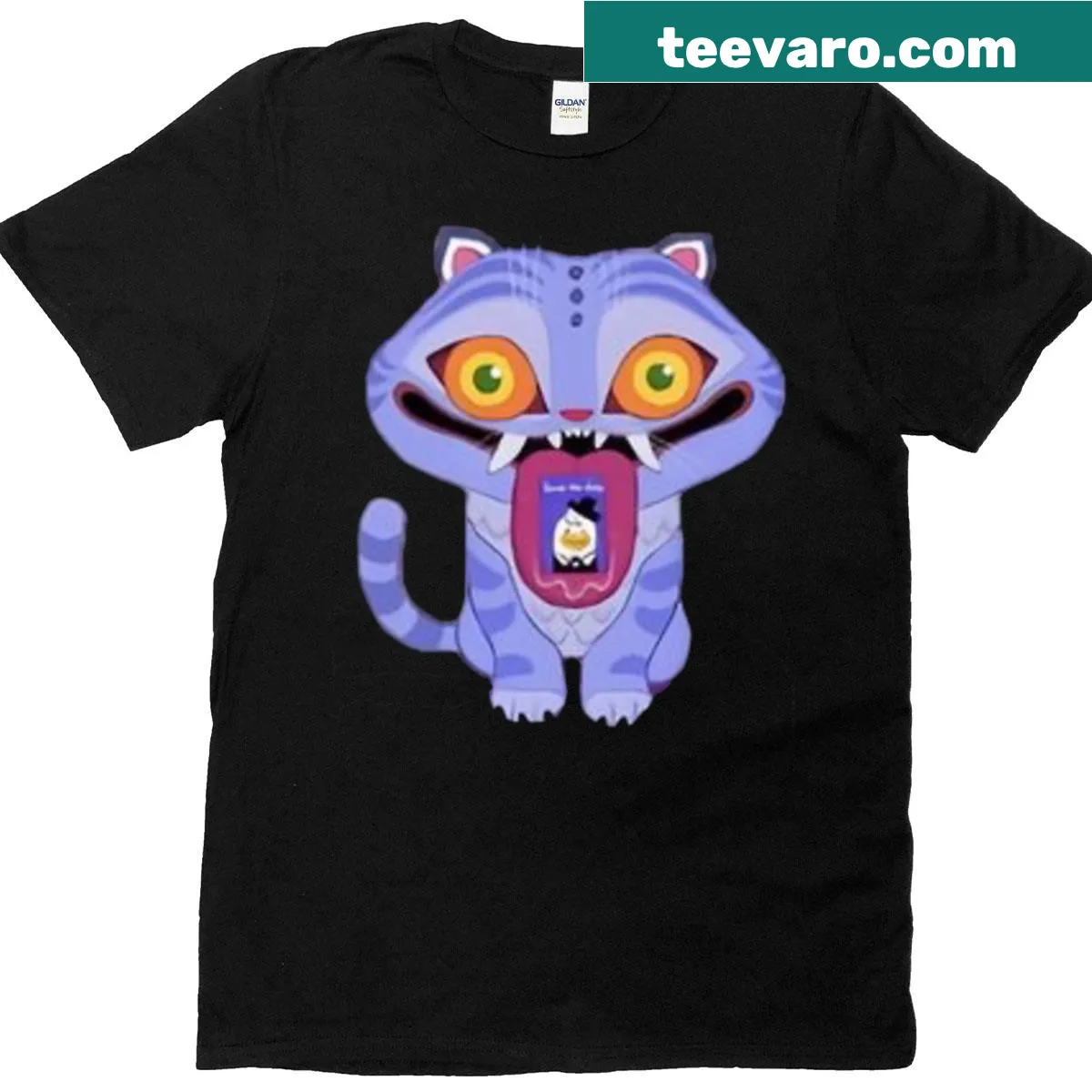 Cartoon derpy tiger design on a Kpop Demon Hunters T-shirt — on a men's t-shirt