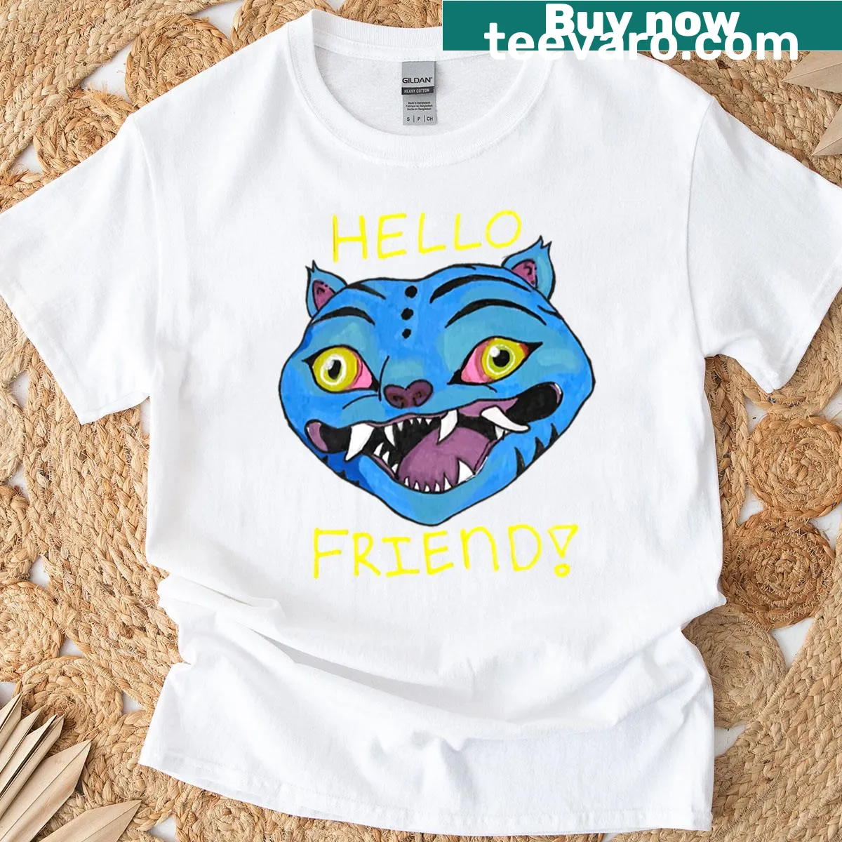 Hello Friend Derpy the Tiger graphic on Kpop Demon Hunters t-shirt — on a men's t-shirt