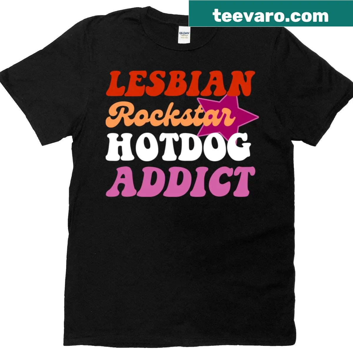 Cartoon hotdog-loving rockstar design on a T-shirt — on a men's t-shirt