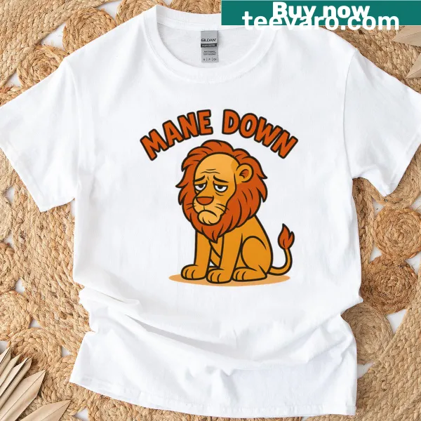 Humorous fisherman illustration with 'Mane Down' text on a T-shirt