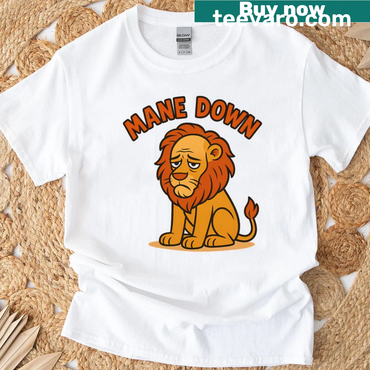Humorous fisherman illustration with 'Mane Down' text on a T-shirt — on a men's t-shirt