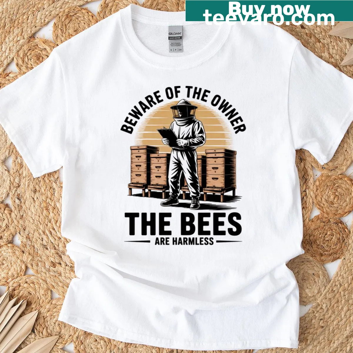 Beekeeping t-shirt with bumblebee illustration and positive message — on a men's t-shirt