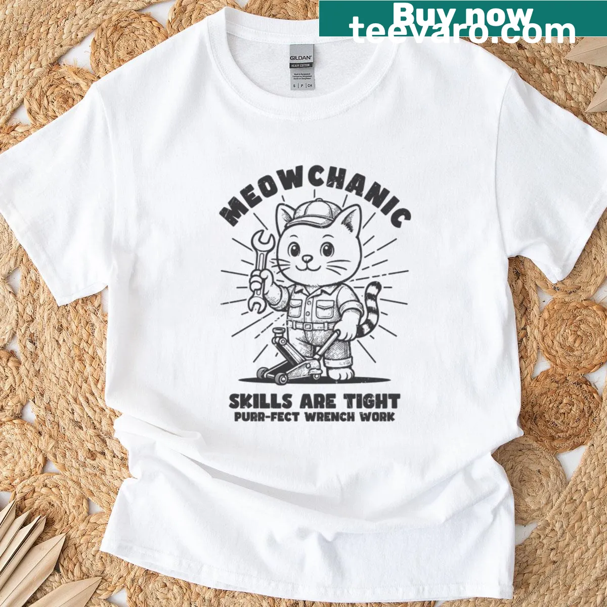 Funny T-shirt with cat mechanic design and 'Purr-fect Wrench Work' text — on a men's t-shirt