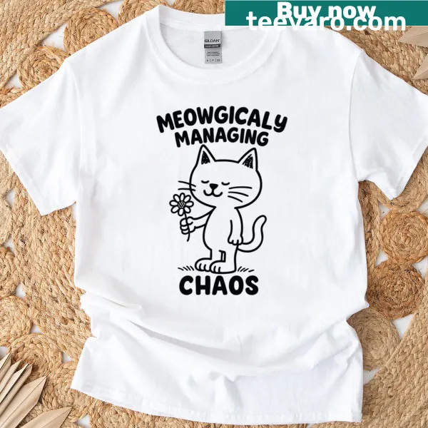 Funny cat teacher t-shirt with whimsical graphics and playful text