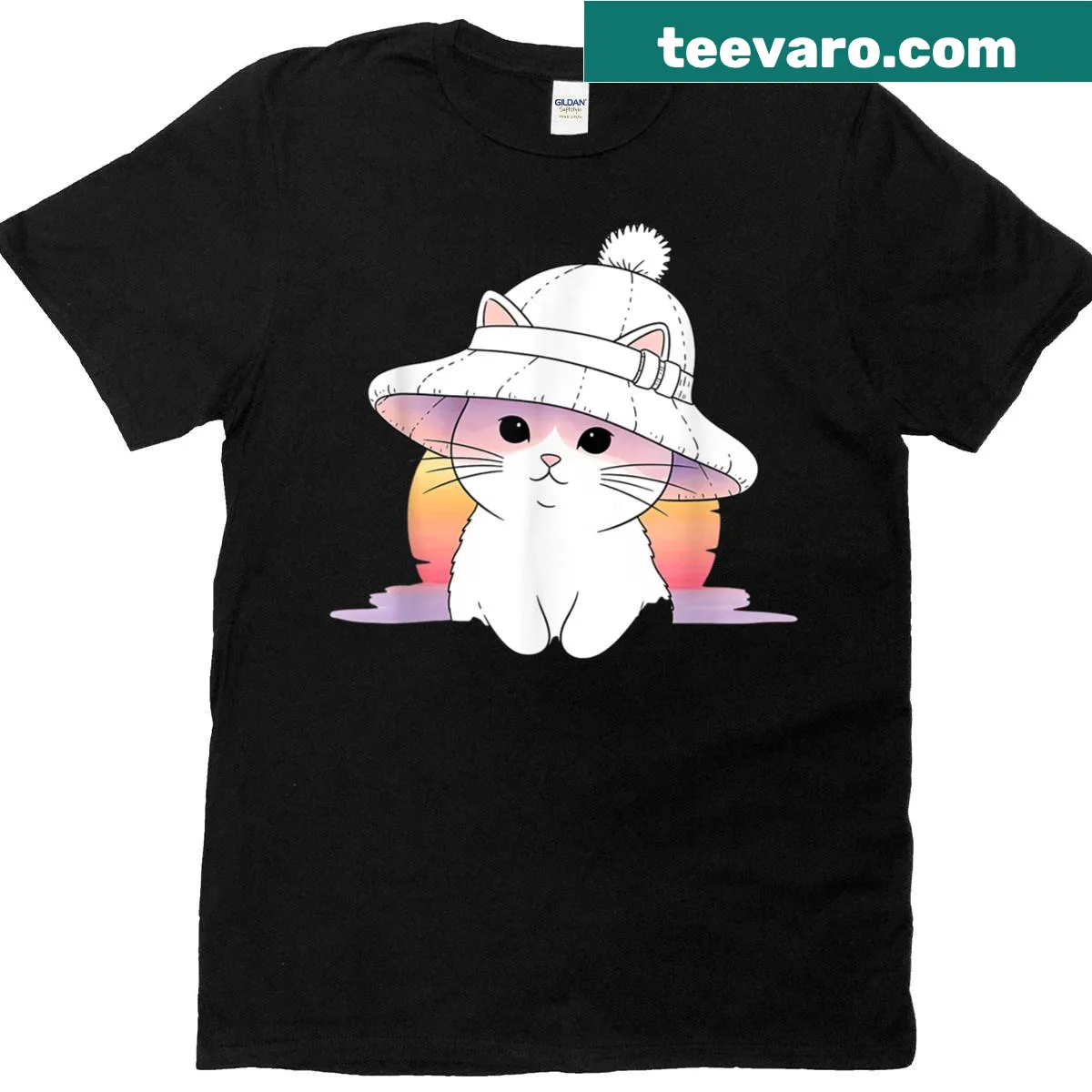 Minimalist kawaii design of cat in hat T-shirt — on a men's t-shirt