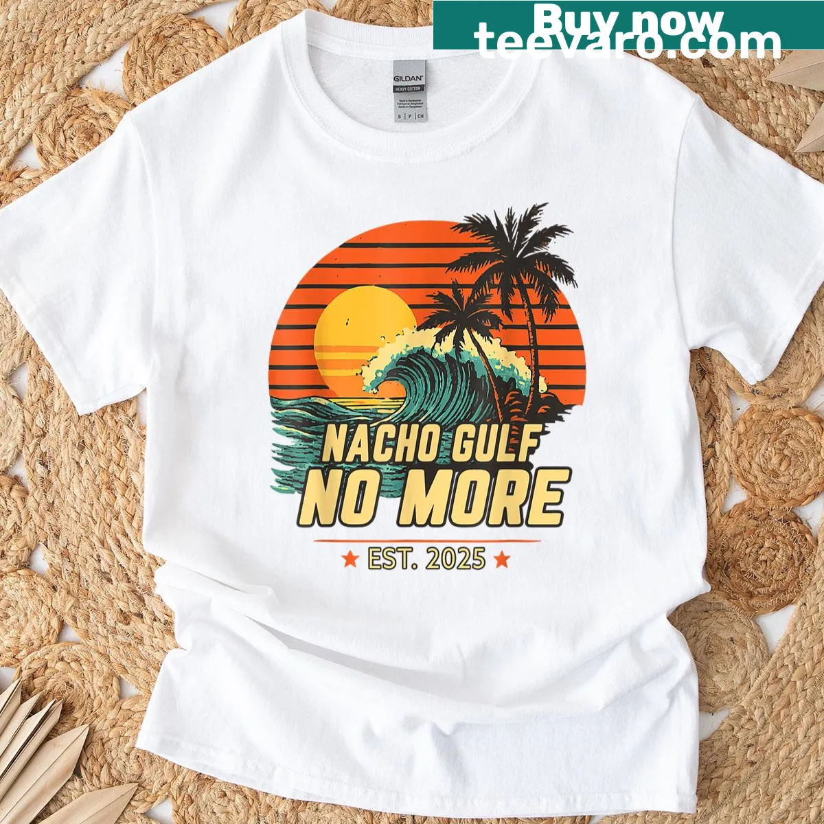 T-shirt with satirical 'Nacho Gulf No More' graphic — on a men's t-shirt