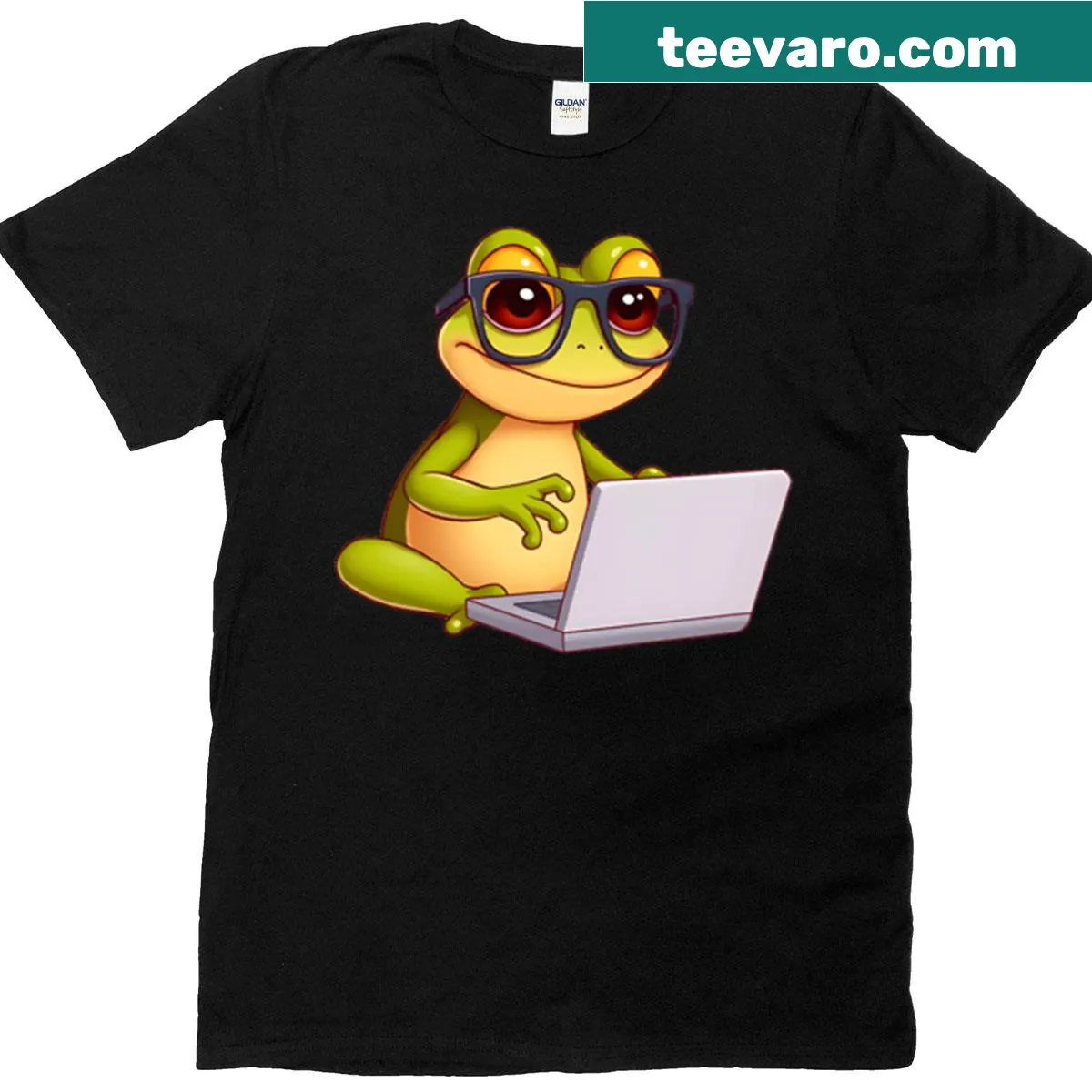 Cartoon frog typing on a tiny laptop in a humorous design — on a men's t-shirt