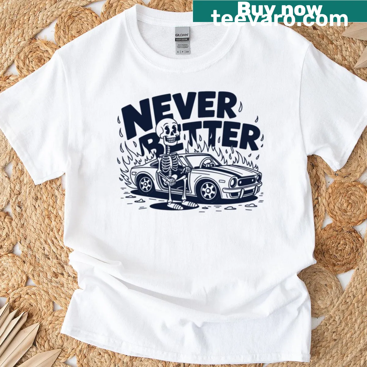 T-shirt with flaming car skeleton illustration — on a men's t-shirt