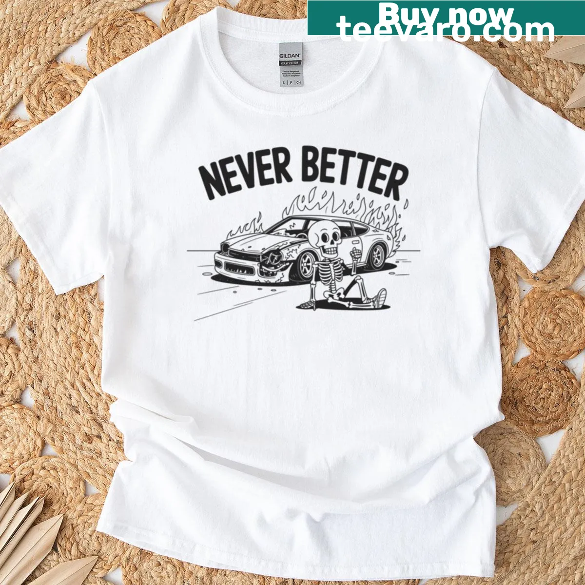 Funny t-shirt featuring a skeleton and a car on fire in a meme style — on a men's t-shirt