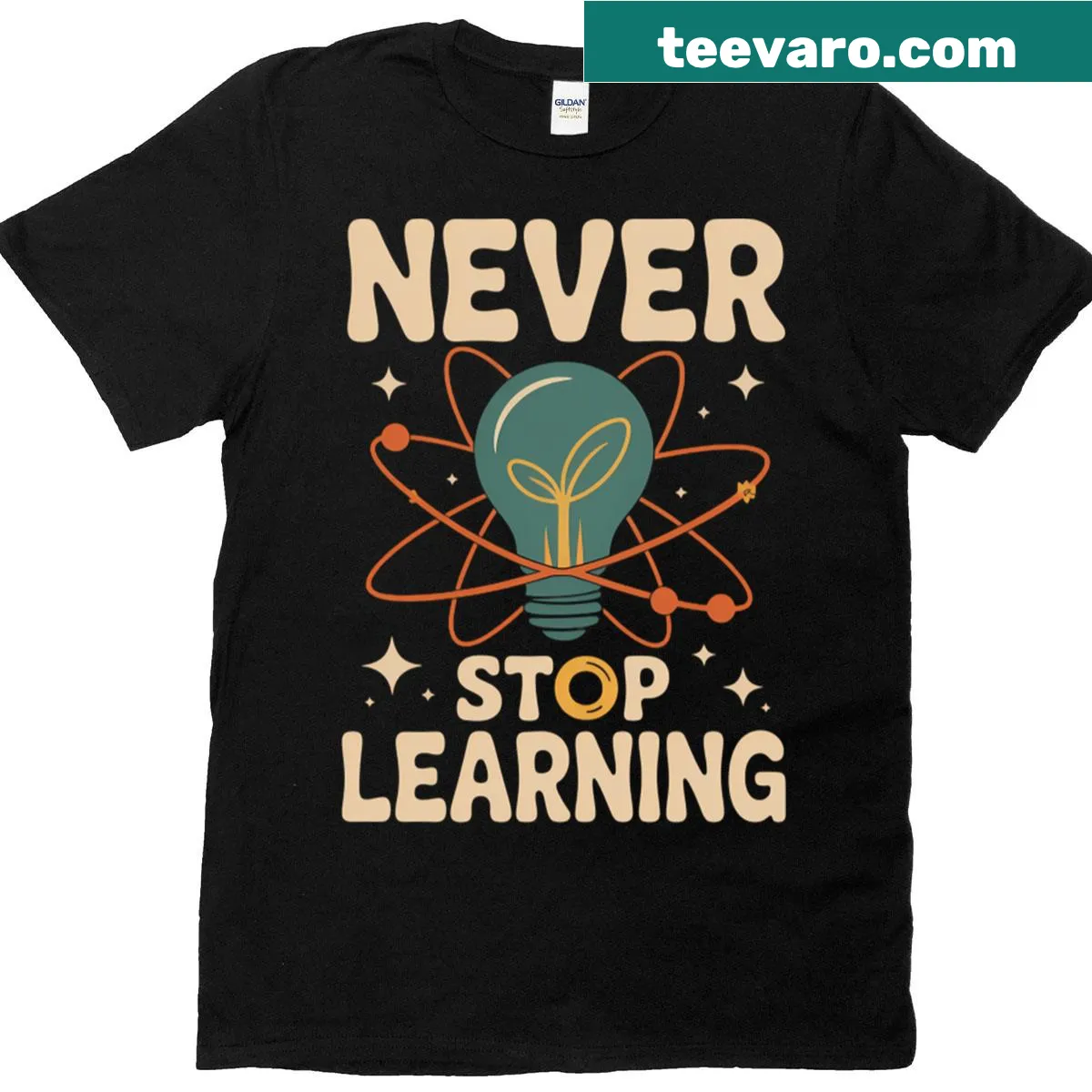 Inspirational text 'Never Stop Learning' in bold typography — on a men's t-shirt